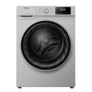 Hisense 9KG Front Load Inverter Washing Machine with Steam technology in a modern silver finish.