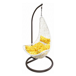 Swing Rattan Design Chair No. F127 with a sophisticated teardrop shape and premium woven finish, hanging from a secure, heavy-duty metal stand