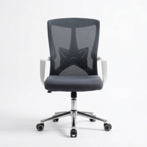Office Chair Model D03 in a professional grey color, showcasing a breathable backrest, adjustable height lever, and smooth-rolling casters