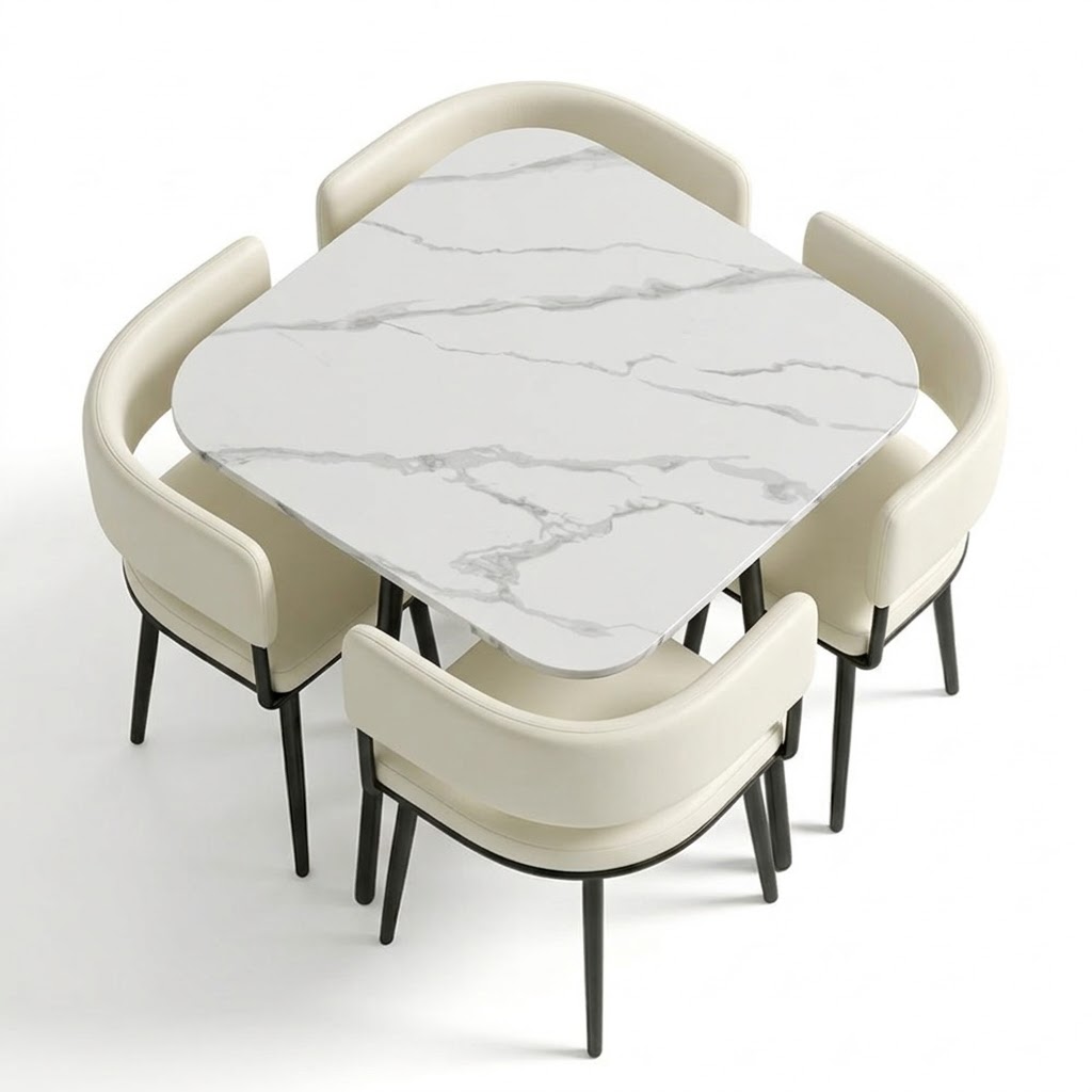 Square Marble Dinning Table White with 4 Chairs