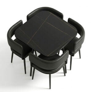 Square Marble Dinning Table Black Gold with 4 Chairs featuring a striking black marble top and elegant gold-finished accents
