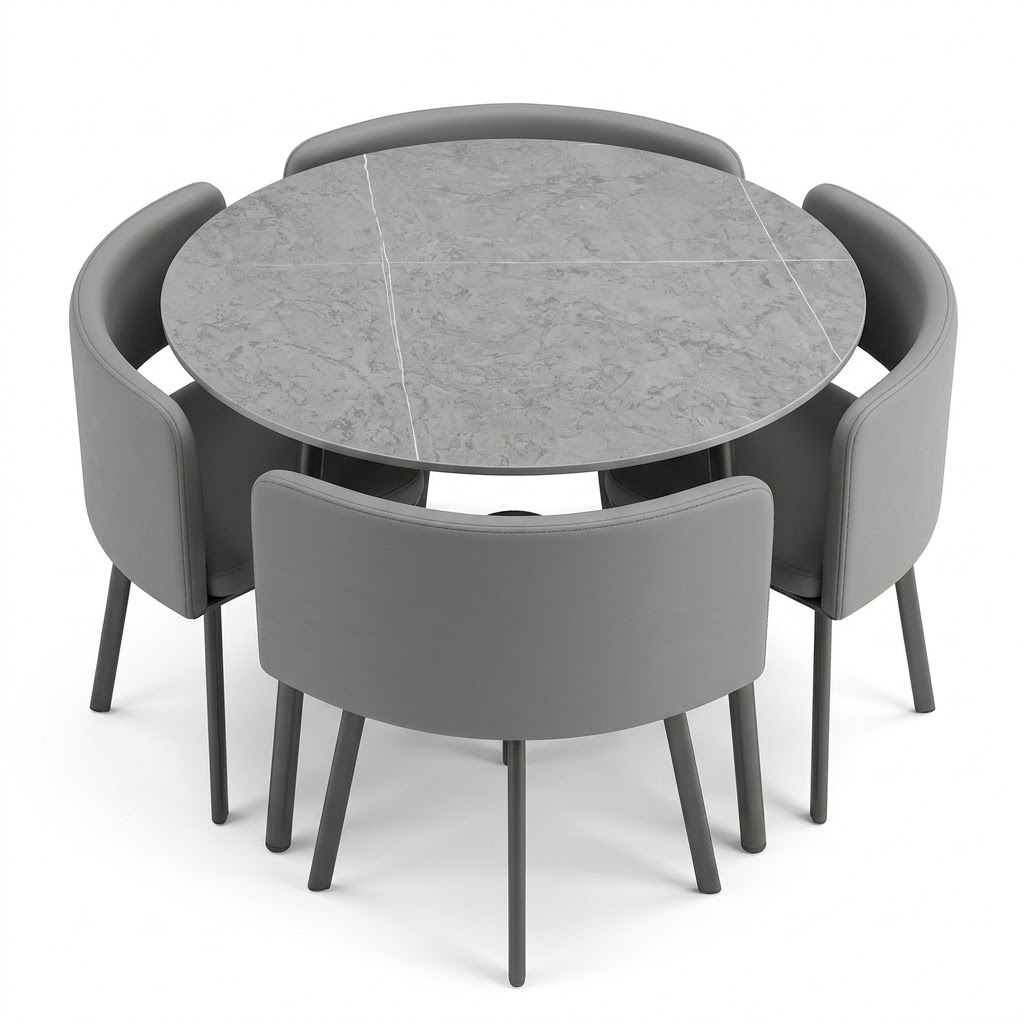 Round Marble Dinning Table Grey with 4 Chairs