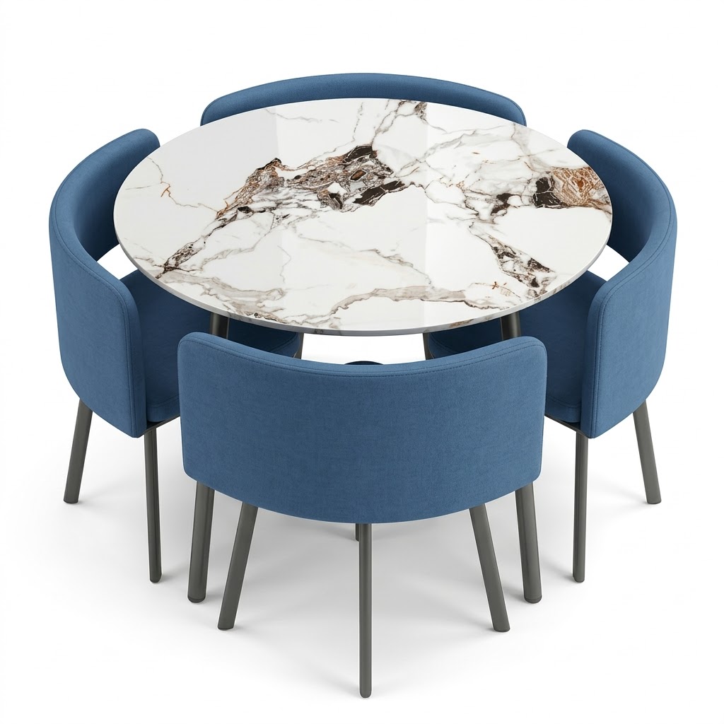 Round Marble Dinning Table White Grey with 4 Chairs