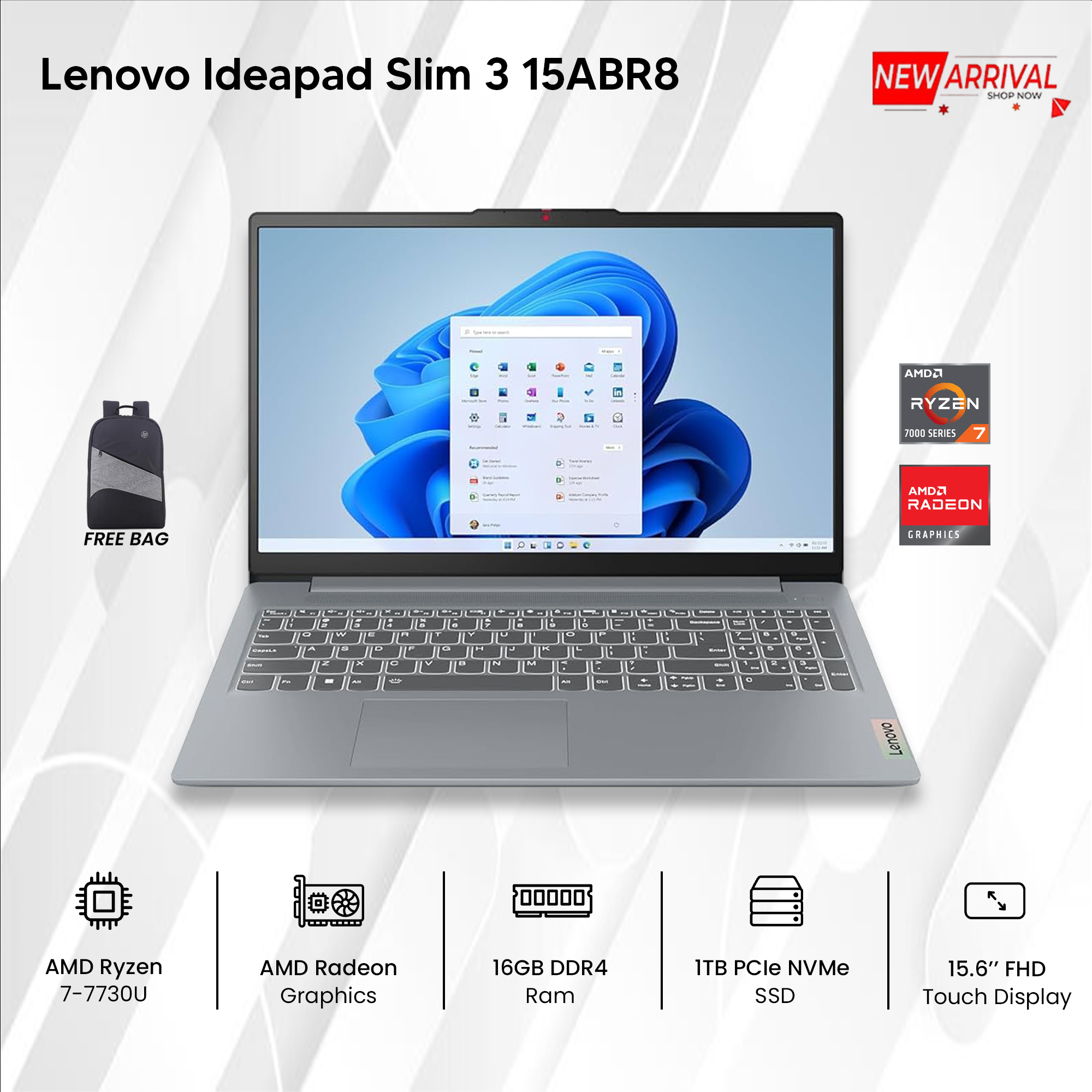 Lenovo Ideapad Slim 3 15ABR8 Ryzen 7-7730U, 16GB RAM, 1TB SSD, 15.6'' FHD, Touchscreen, Windows 11, Arctic Gray Laptop