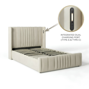 Queen Size Cushion Bed with Storage and Charging Station Leather Model: 4465-1G