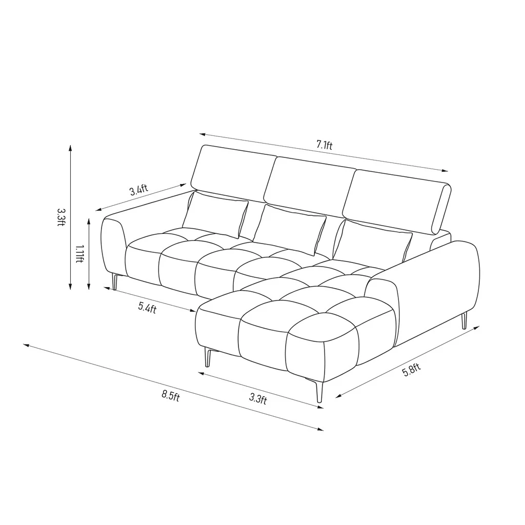 Koumo KM-192317-R corner sofa measurements